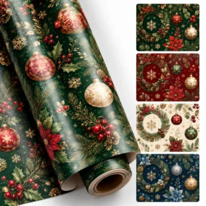 Luxury Christmas Ornament & Festive Wreath Foil Print Decorative Wrapping Paper Roll